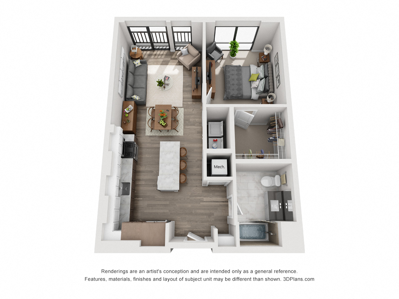 Floor plan for 1 bed, 1 bath, 740 sqft